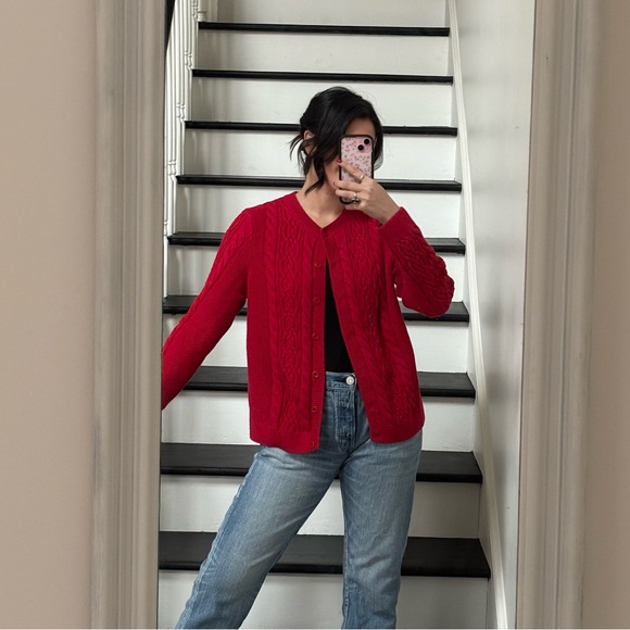 Red Cardigan Sweater Cable Knit Cotton Blend - Picture 1 of 6